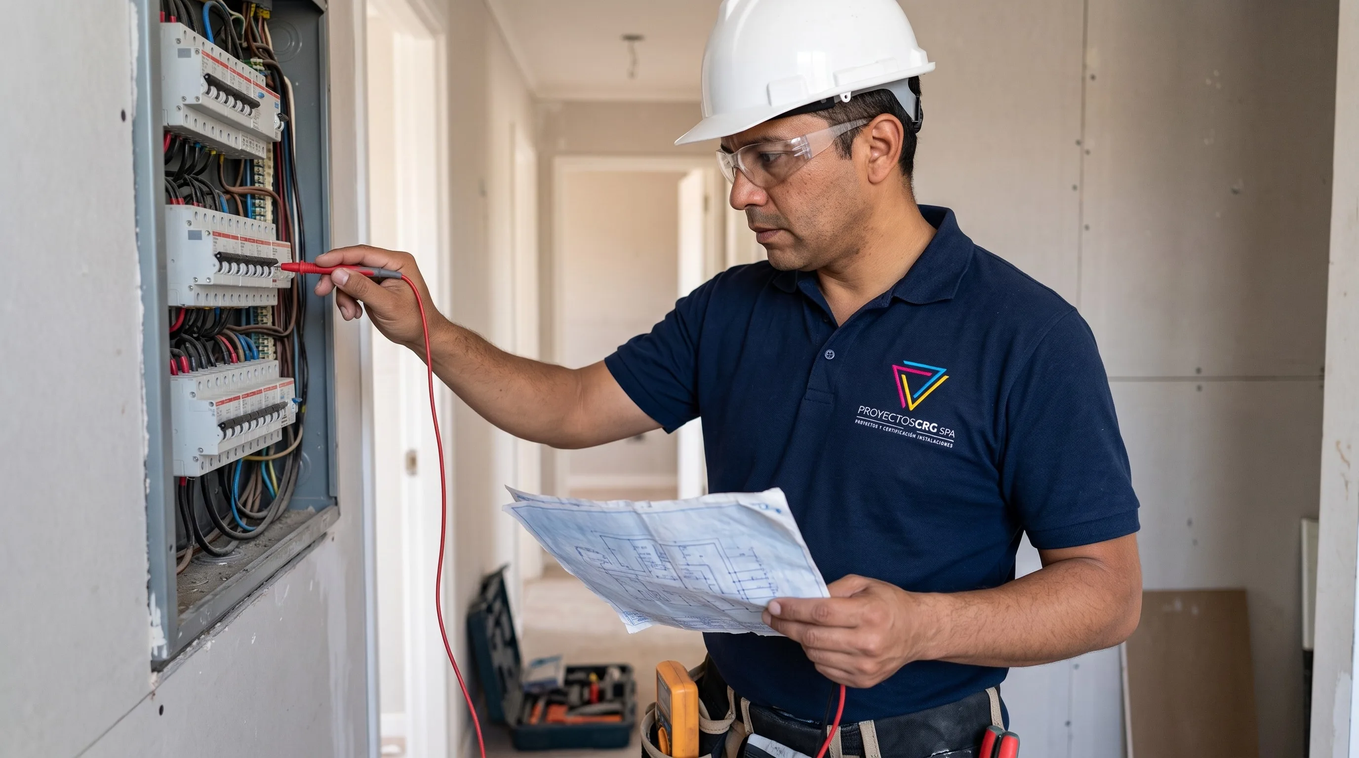 Técnico de Proyectos CRG revisando un tablero eléctrico con un plano en la mano