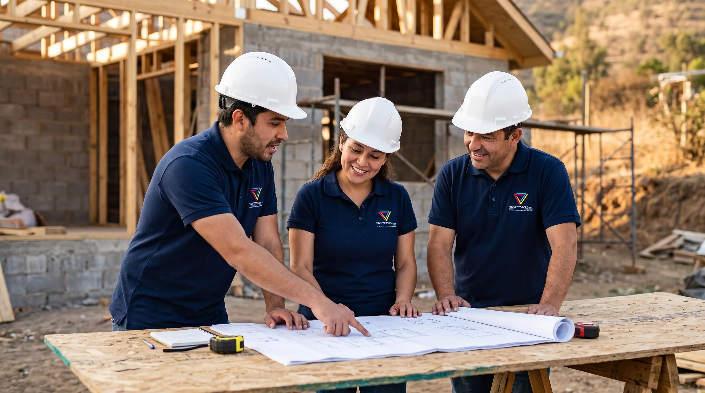 Equipo de Proyectos CRG revisando planos en una obra