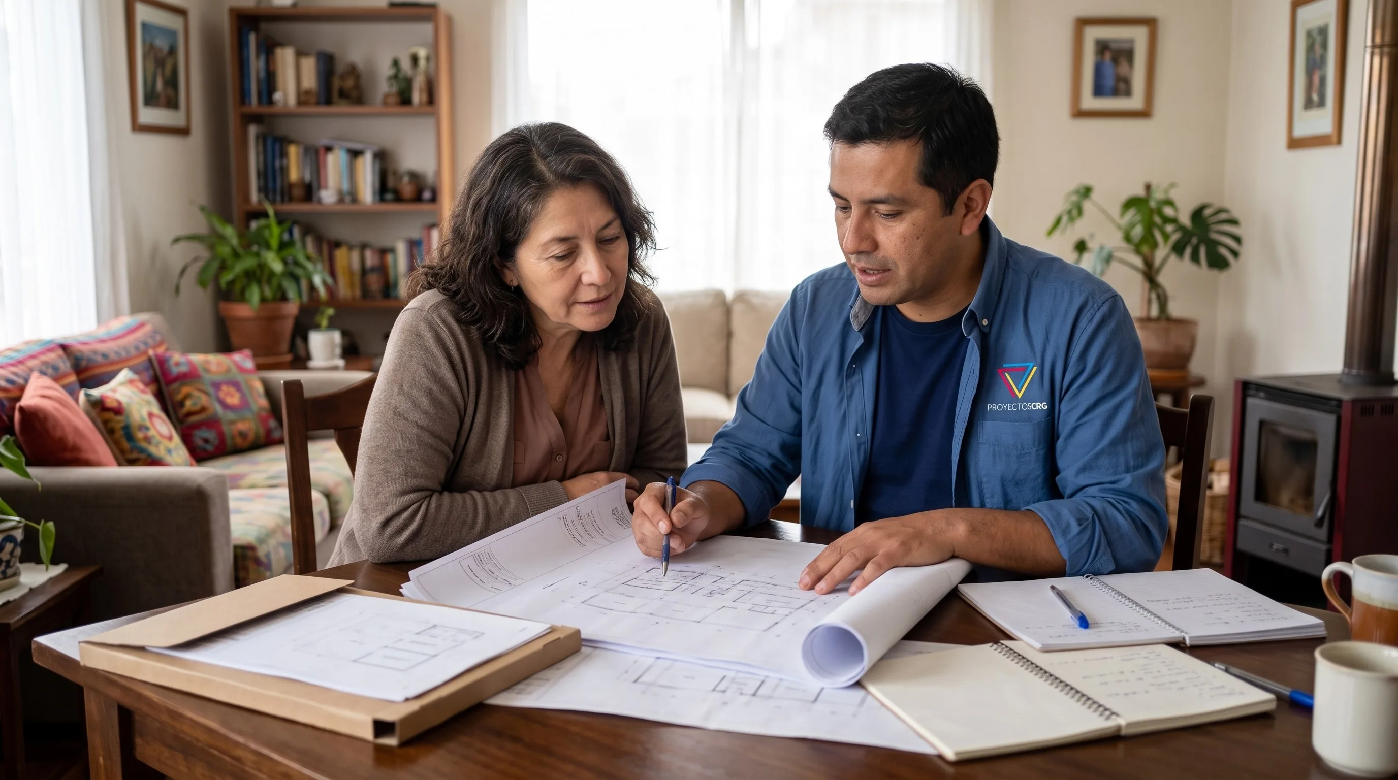 Profesional de Proyectos CRG revisando planos con el dueño de una propiedad