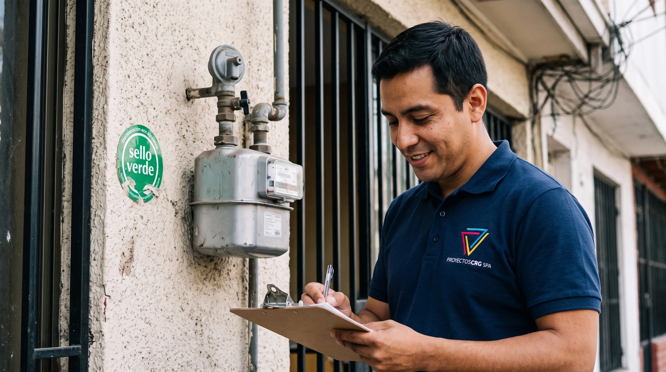 Técnico de Proyectos CRG junto a un medidor de gas con el sello verde de la SEC